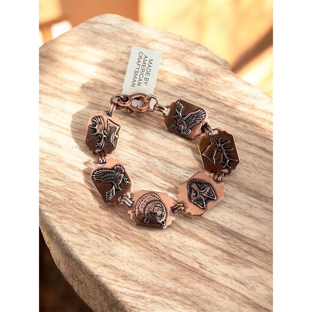 Sunrise Copper Wolf Eagle Bear American Design Stamped Copper Link Bracelet
